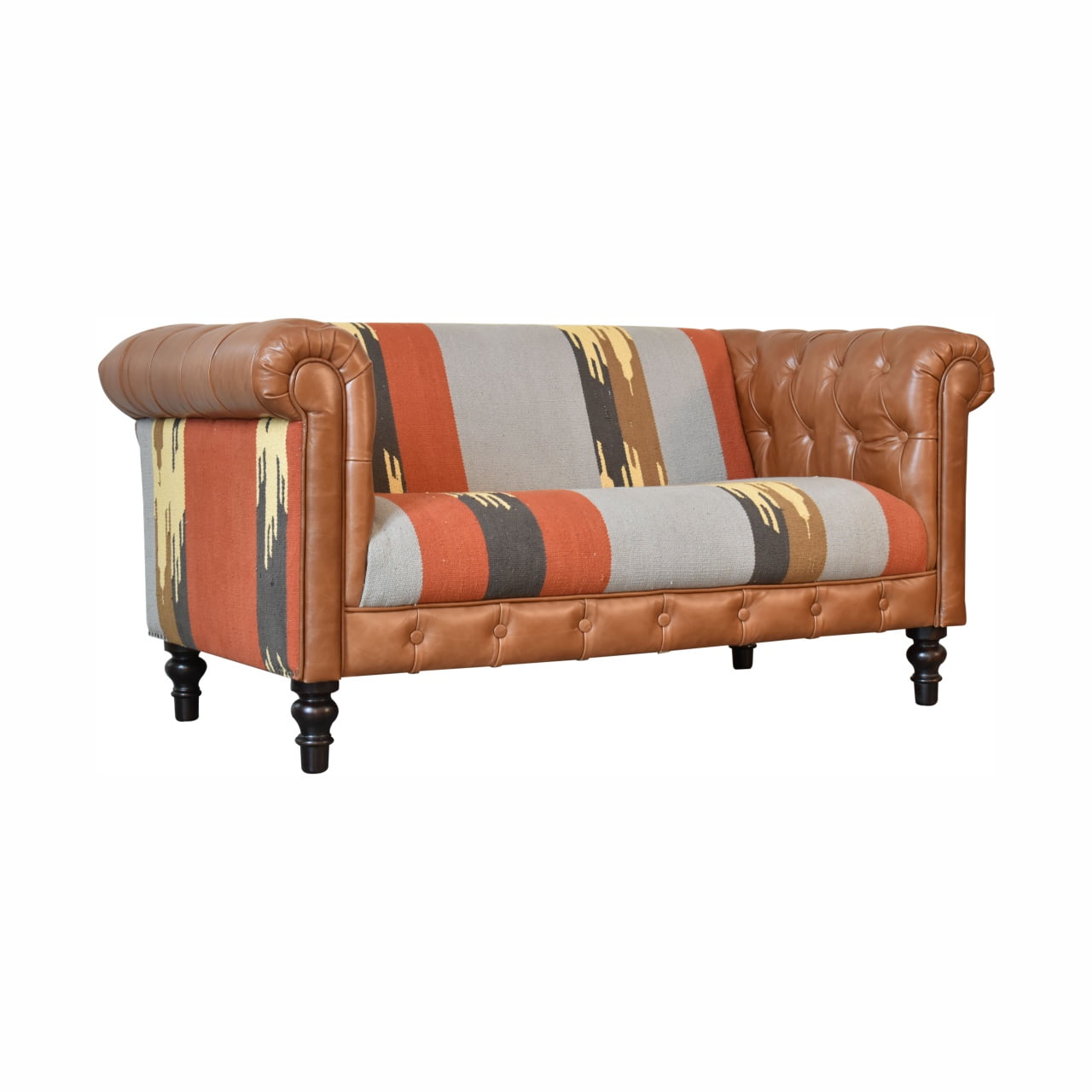 Solid Mango Wood Walnut Finished Durrie and Leather Sofa - Image 2