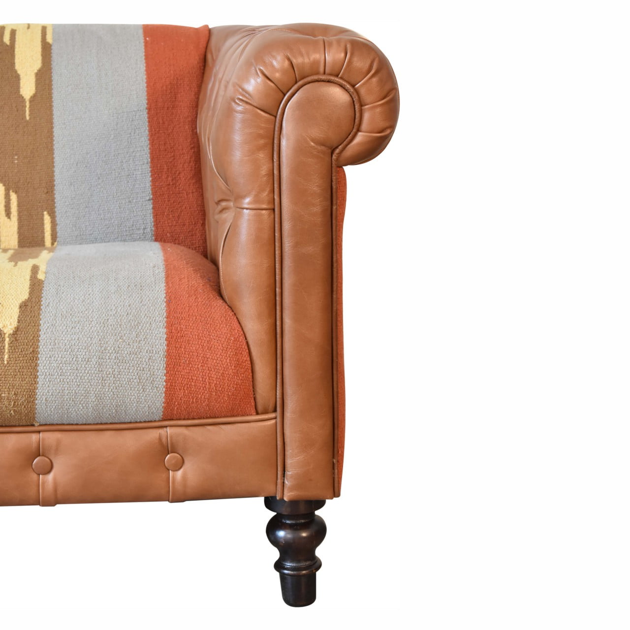 Solid Mango Wood Walnut Finished Durrie and Leather Sofa - Image 3