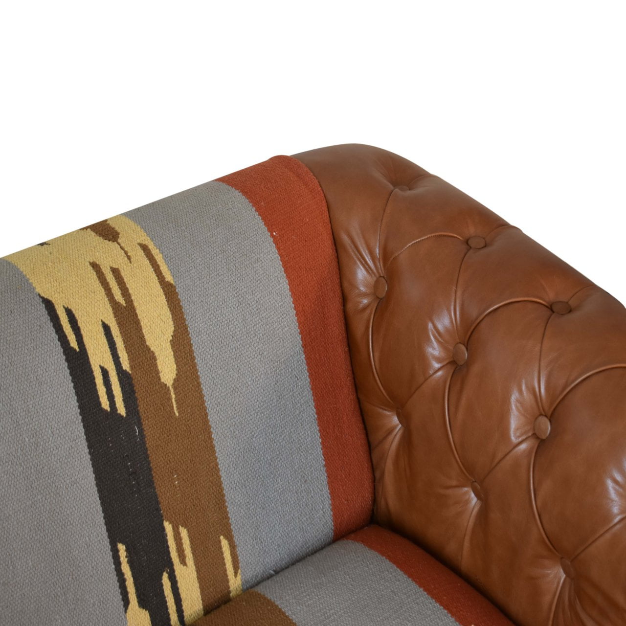 Solid Mango Wood Walnut Finished Durrie and Leather Sofa - Image 4