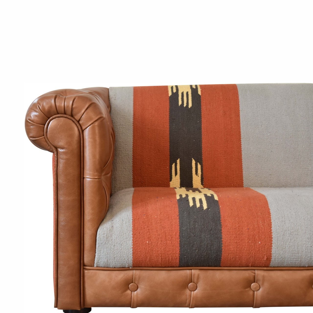 Solid Mango Wood Walnut Finished Durrie and Leather Sofa - Image 5