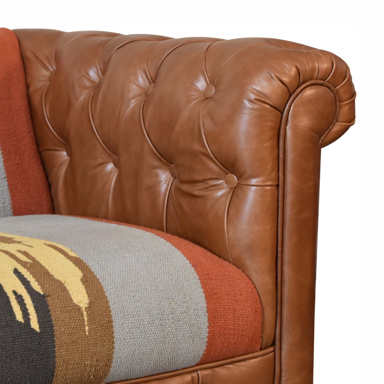 Solid Mango Wood Walnut Finished Durrie and Leather Sofa - Image 6