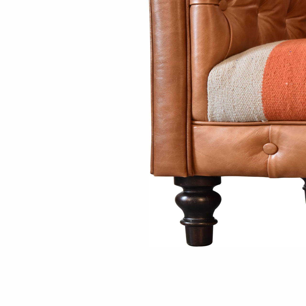 Solid Mango Wood Walnut Finished Durrie and Leather Sofa - Image 7