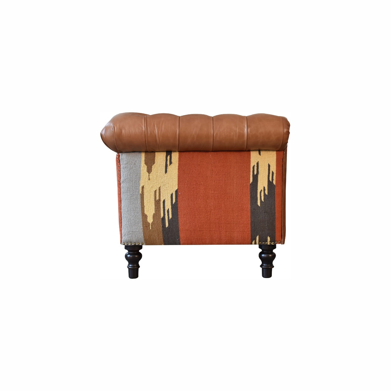 Solid Mango Wood Walnut Finished Durrie and Leather Sofa - Image 8