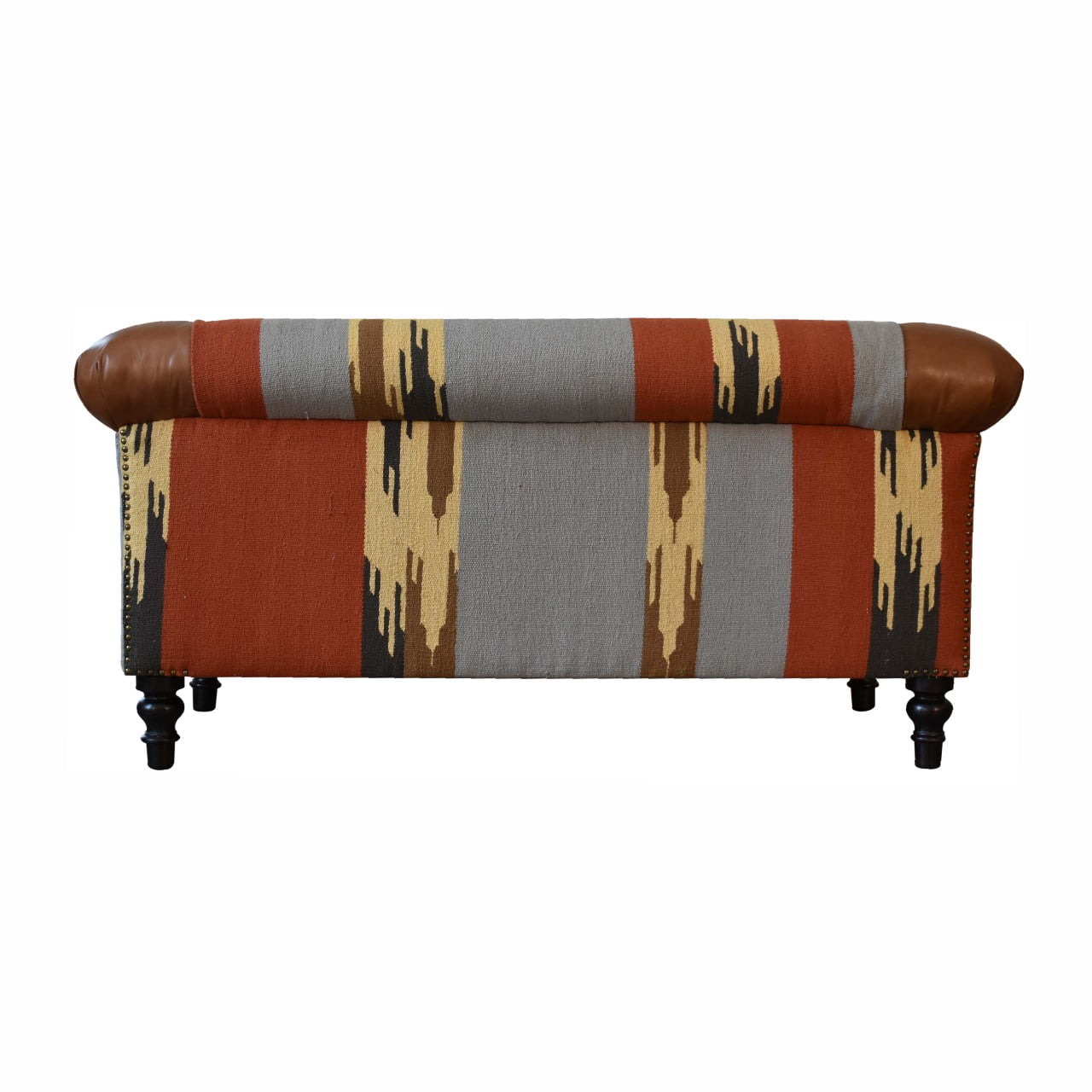 Solid Mango Wood Walnut Finished Durrie and Leather Sofa - Image 9
