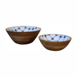 Solid Mango Wood Blue and White Bowl Set of 2