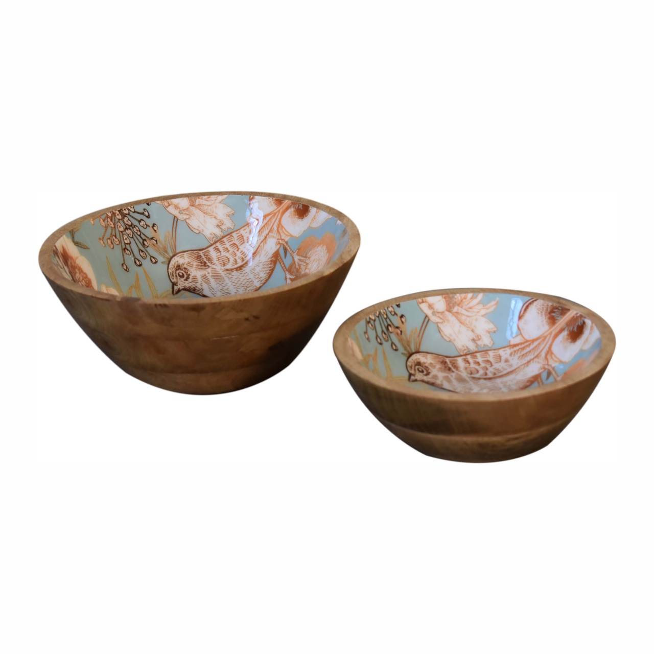 Solid Mango Wood Floral Bird Bowl Set of 2