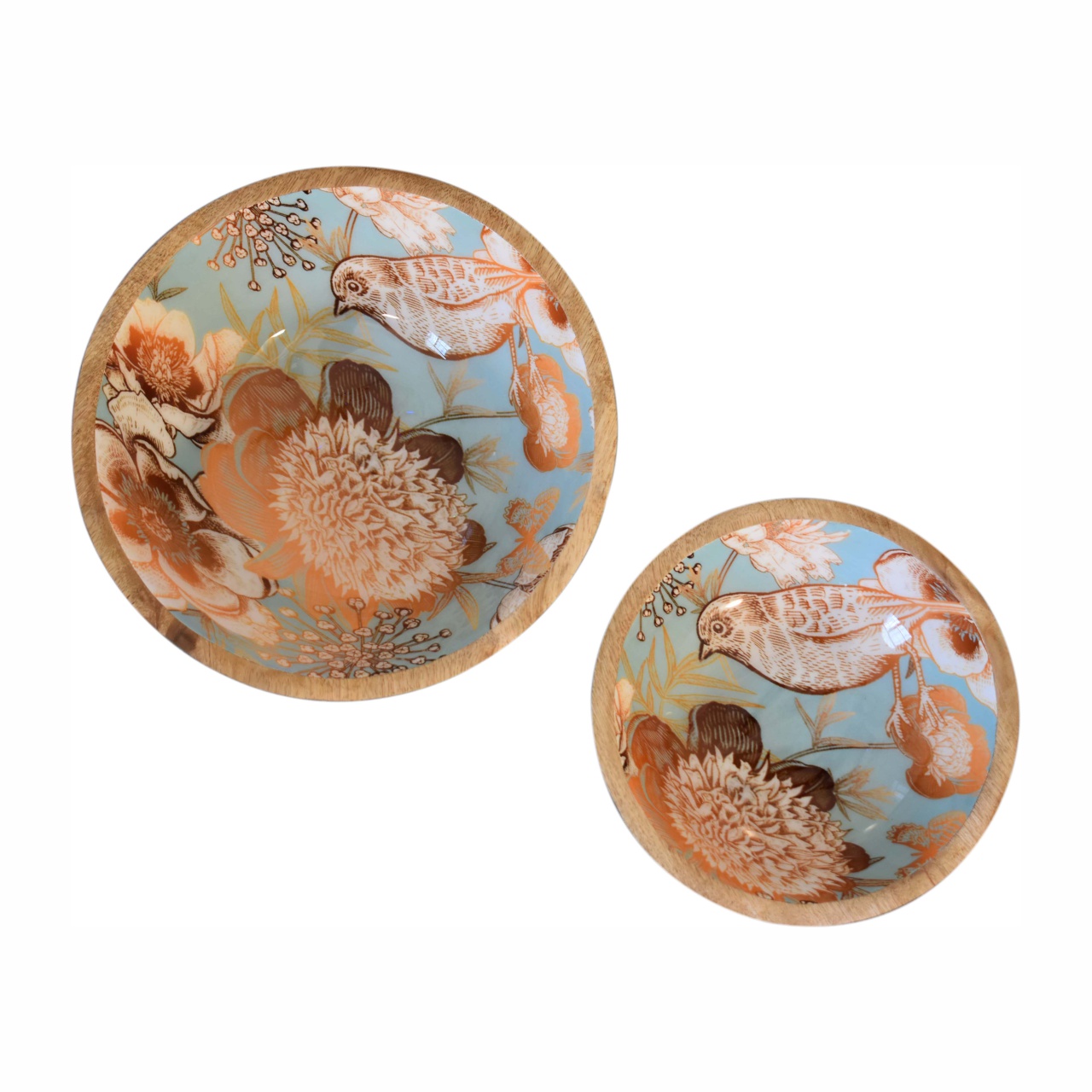 Solid Mango Wood Floral Bird Bowl Set of 2 - Image 2
