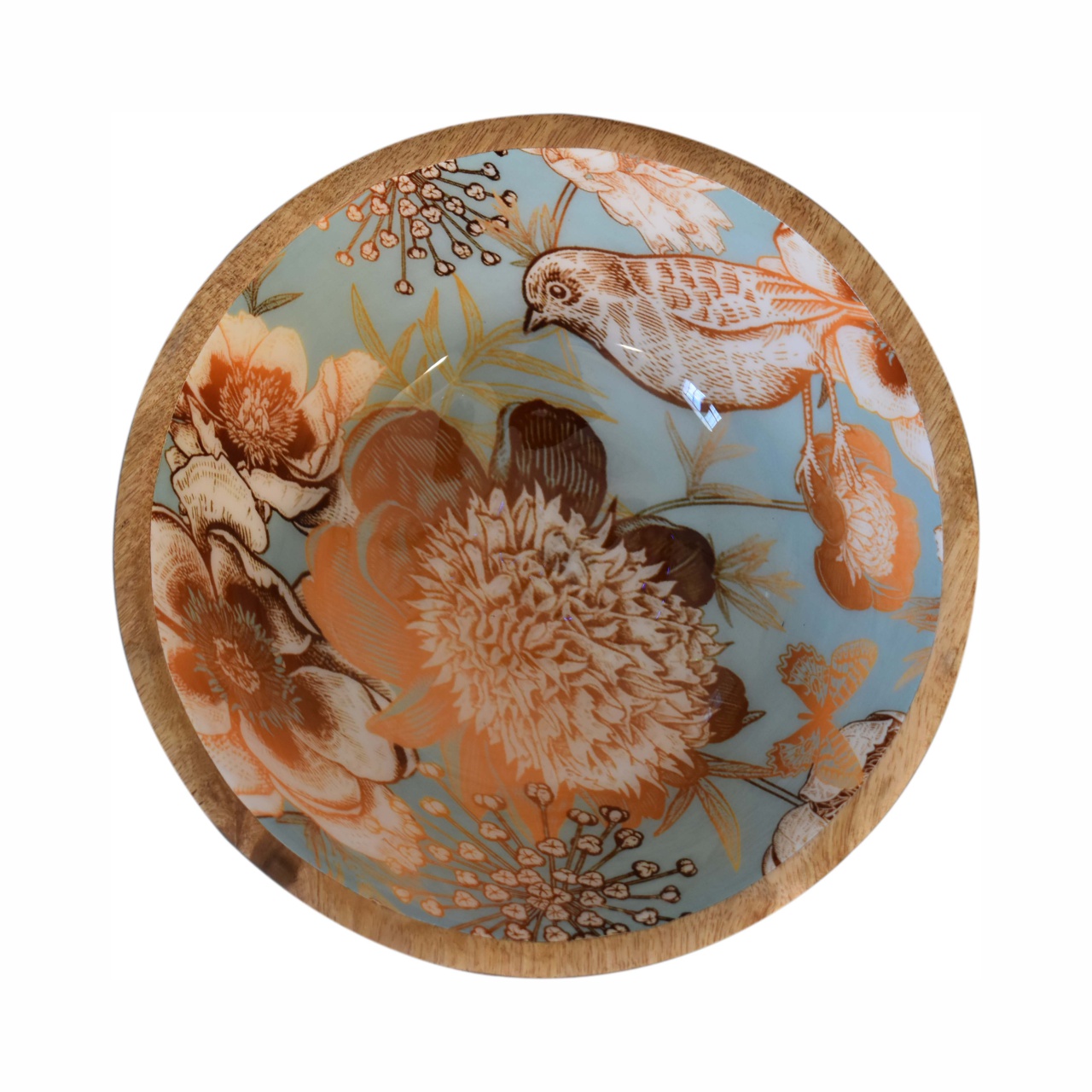 Solid Mango Wood Floral Bird Bowl Set of 2 - Image 3
