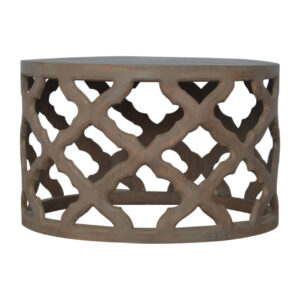Solid Mango Wood Grey Washed Finished Hand Carved Round Stool