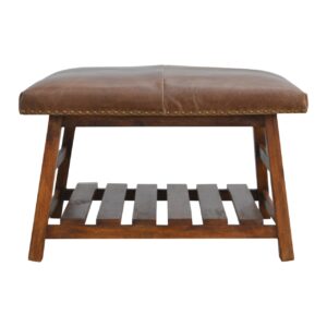 Solid Mango Wood Chestnut Finished Brown Leather Square Foot Stool with Shelf