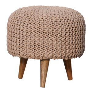 Solid Mango Wood Keeva Beige Round Footstool