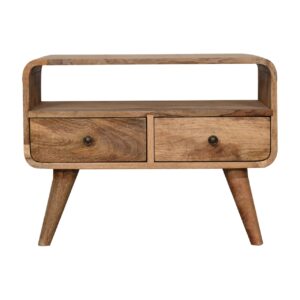 Solid Mango Wood Mini Curved Oak Finish Media Unit