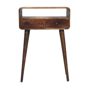 Solid Mango Wood Oak Finished Grey Washed Mini 2 Drawer Curved Hall/Console Table