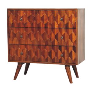 Solid Mango Wood Chestnut Finished Pineapple Patterned 3 Drawer Chest