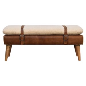 Solid Mango Wood Bouclé Buffalo Hide Leather Bench