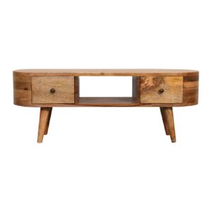 Solid Mango Wood Mini Rounded Dual Drawer Entertainment Unit