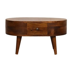 Solid Mango Wood Chestnut Finished Rounded Coffee Table with Drawers