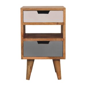 Solid Mango Oak Finished with Grey and White Bedside with Screen Print