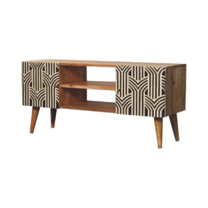 Solid Mango Wood  Oak Finished Bone Inlay 2 Door 2 Slot Edessa Media Unit