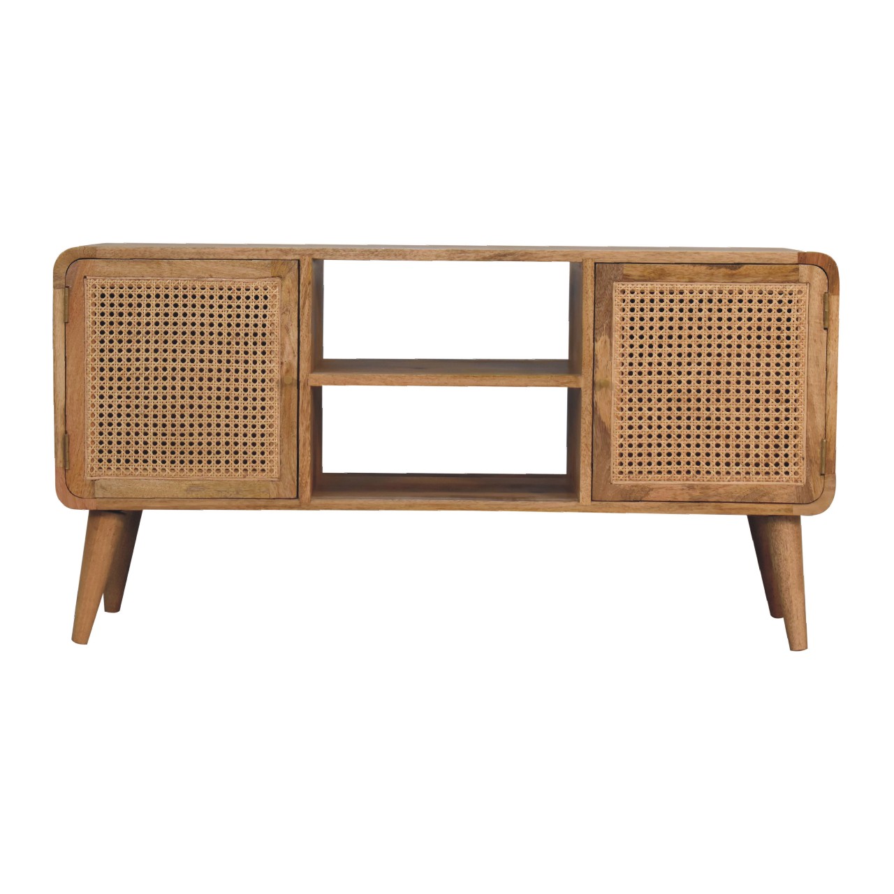 Solid Mango Wood Oak Finished 2 Woven Door Larissa Media Unit