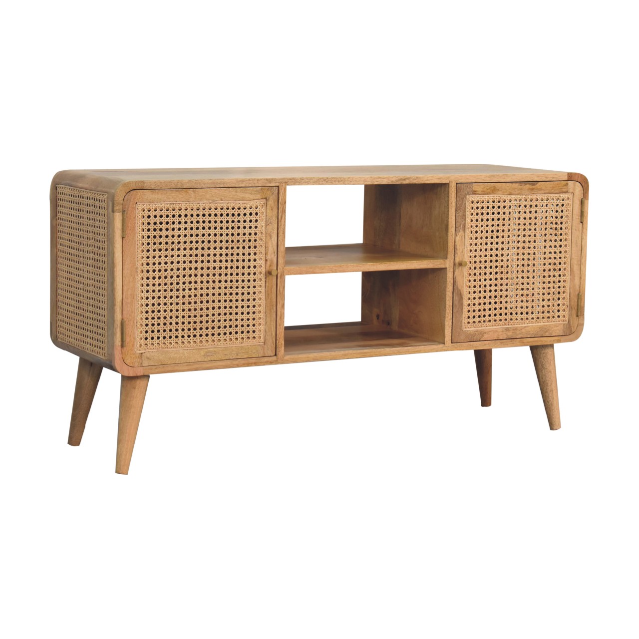 Solid Mango Wood Oak Finished 2 Woven Door Larissa Media Unit - Image 2