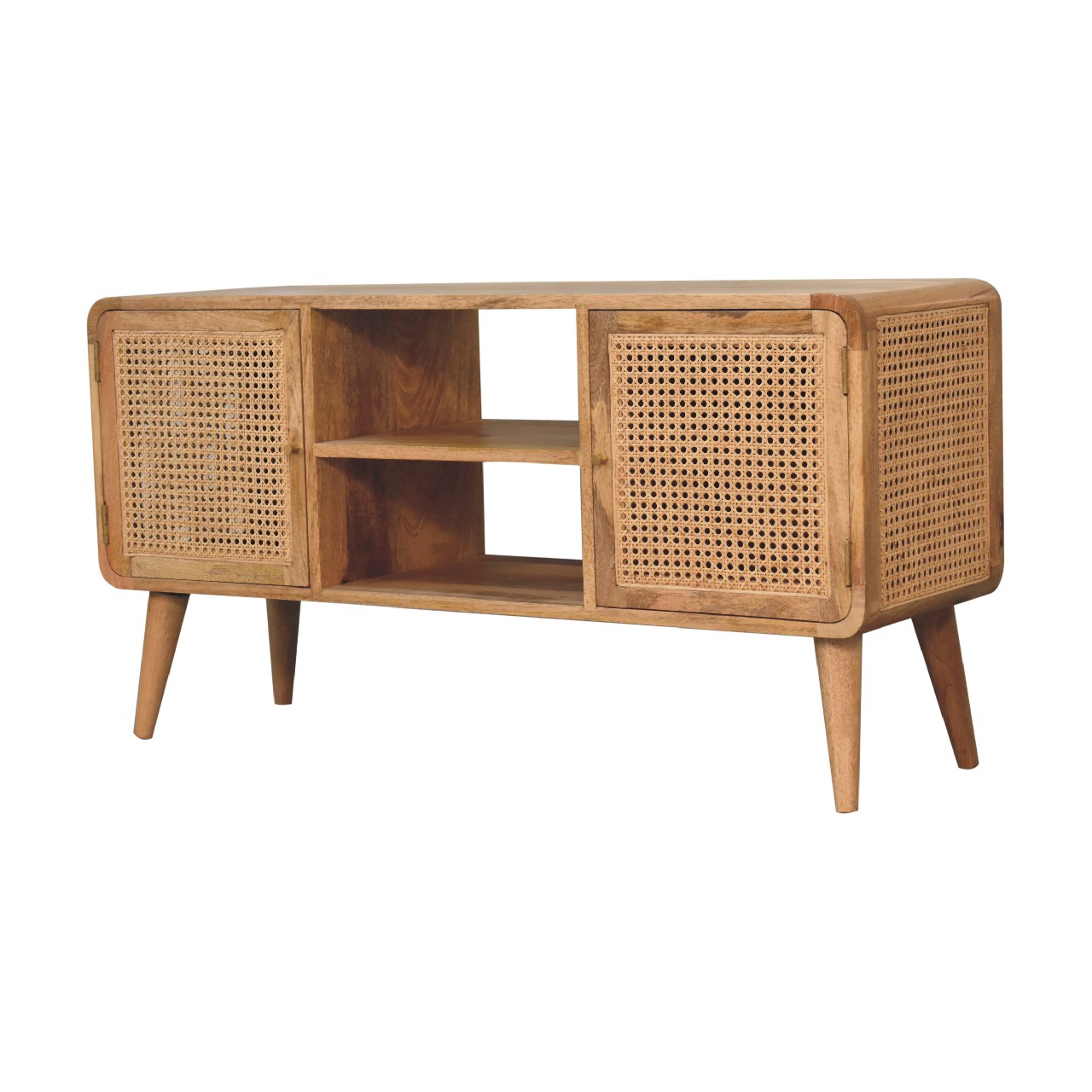 Solid Mango Wood Oak Finished 2 Woven Door Larissa Media Unit - Image 3