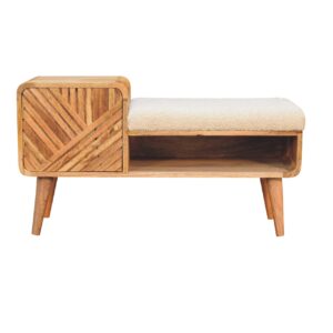 Solid Mango Wood Oak Finished Carved 1 Door Boucle Telphone Table