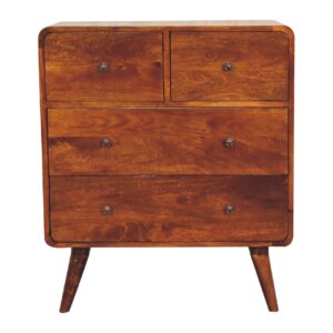 Solid Mango Wood Chestnut Finished Curved 2 over 2 Drawer Chest