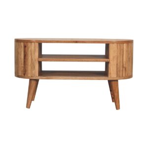 Solid Mango Wood Oak Finished 2 Shelf Stripe Rounded Media Unit