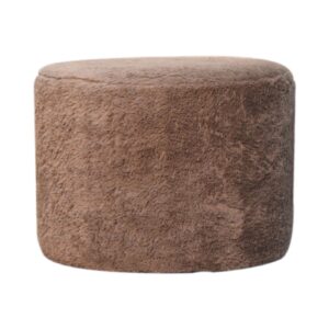 Solid Mango Wood Mocha Faux Fur Round Footstool