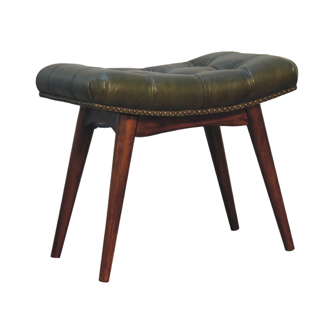 Solid Mango Wood Solid Chestnut Finished Mango Wood Harbour Green Footstool with Studs - Image 2