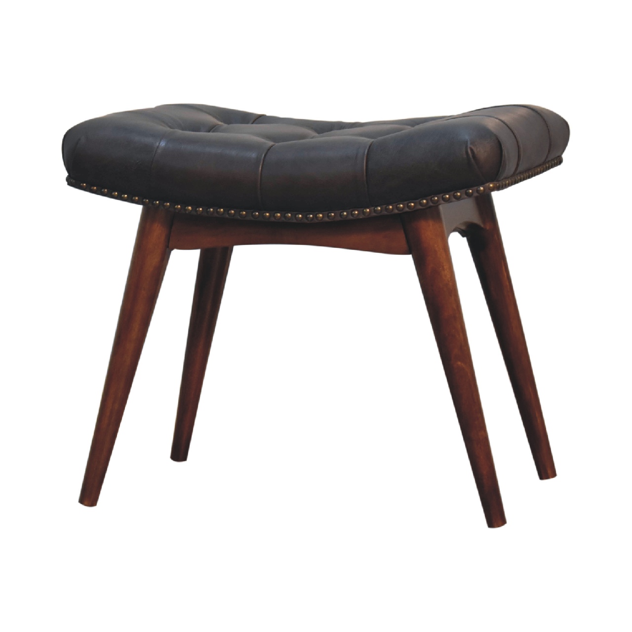 Solid Mango Wood Solid Chestnut Finished Mango Wood Harbour Green Footstool with Studs - Image 3