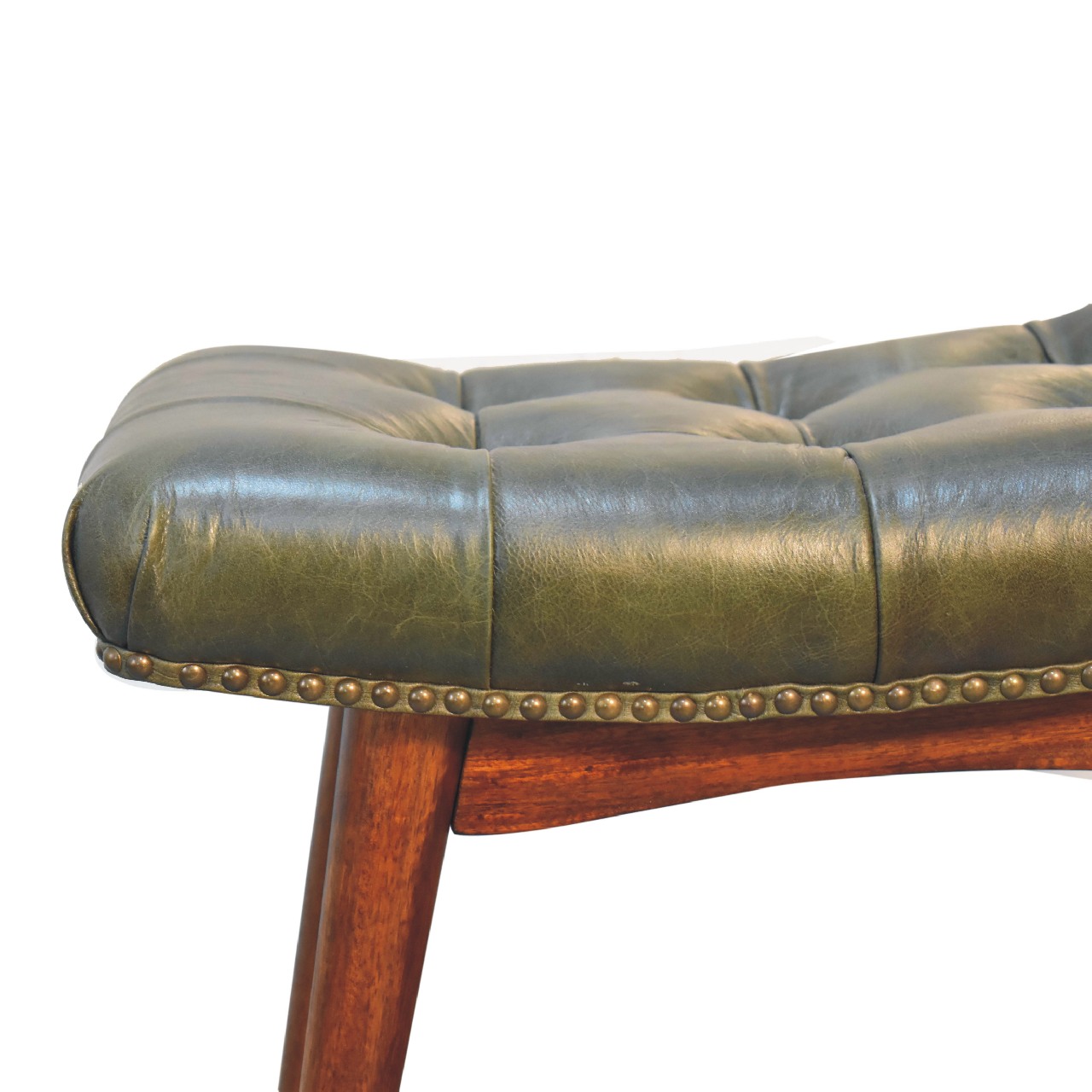 Solid Mango Wood Solid Chestnut Finished Mango Wood Harbour Green Footstool with Studs - Image 4