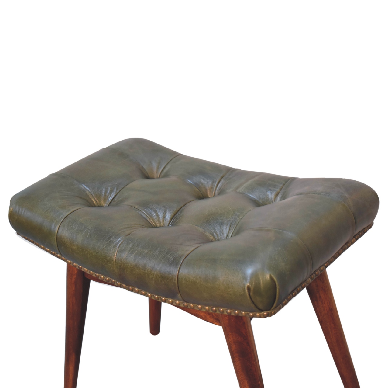 Solid Mango Wood Solid Chestnut Finished Mango Wood Harbour Green Footstool with Studs - Image 5
