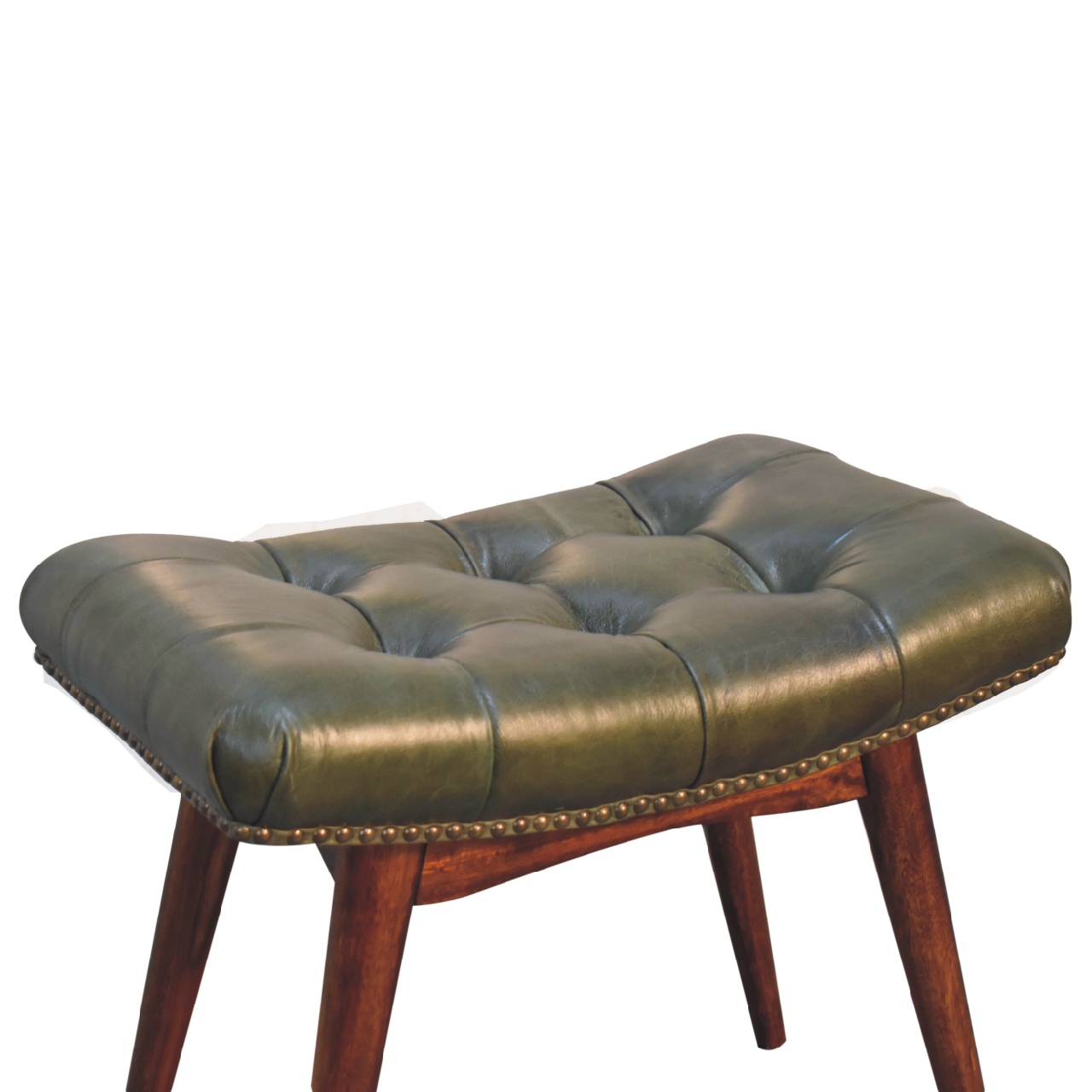 Solid Mango Wood Solid Chestnut Finished Mango Wood Harbour Green Footstool with Studs - Image 6