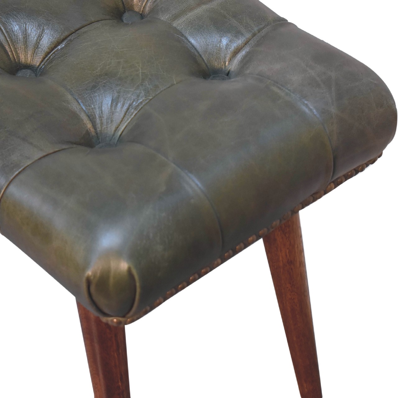 Solid Mango Wood Solid Chestnut Finished Mango Wood Harbour Green Footstool with Studs - Image 7