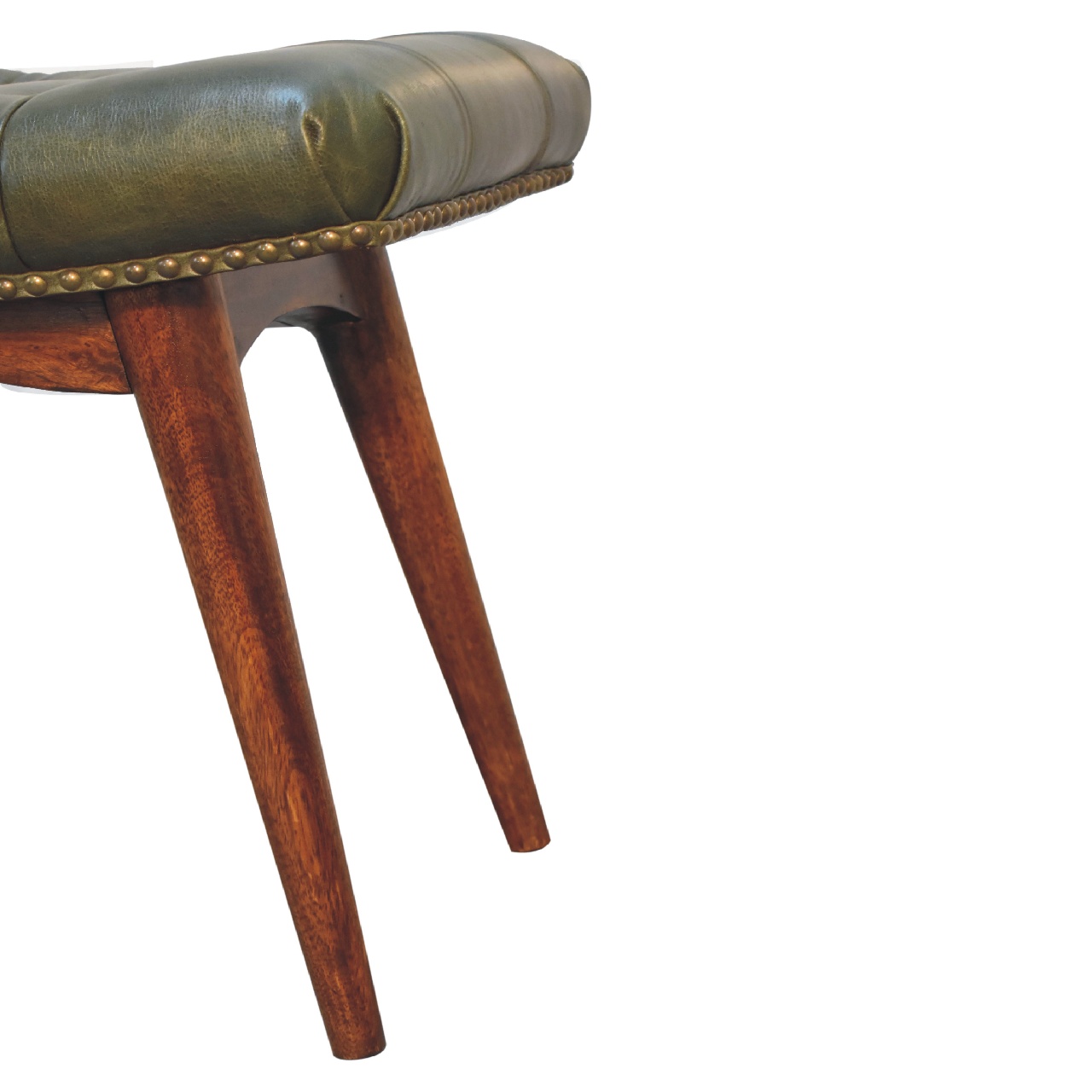 Solid Mango Wood Solid Chestnut Finished Mango Wood Harbour Green Footstool with Studs - Image 8