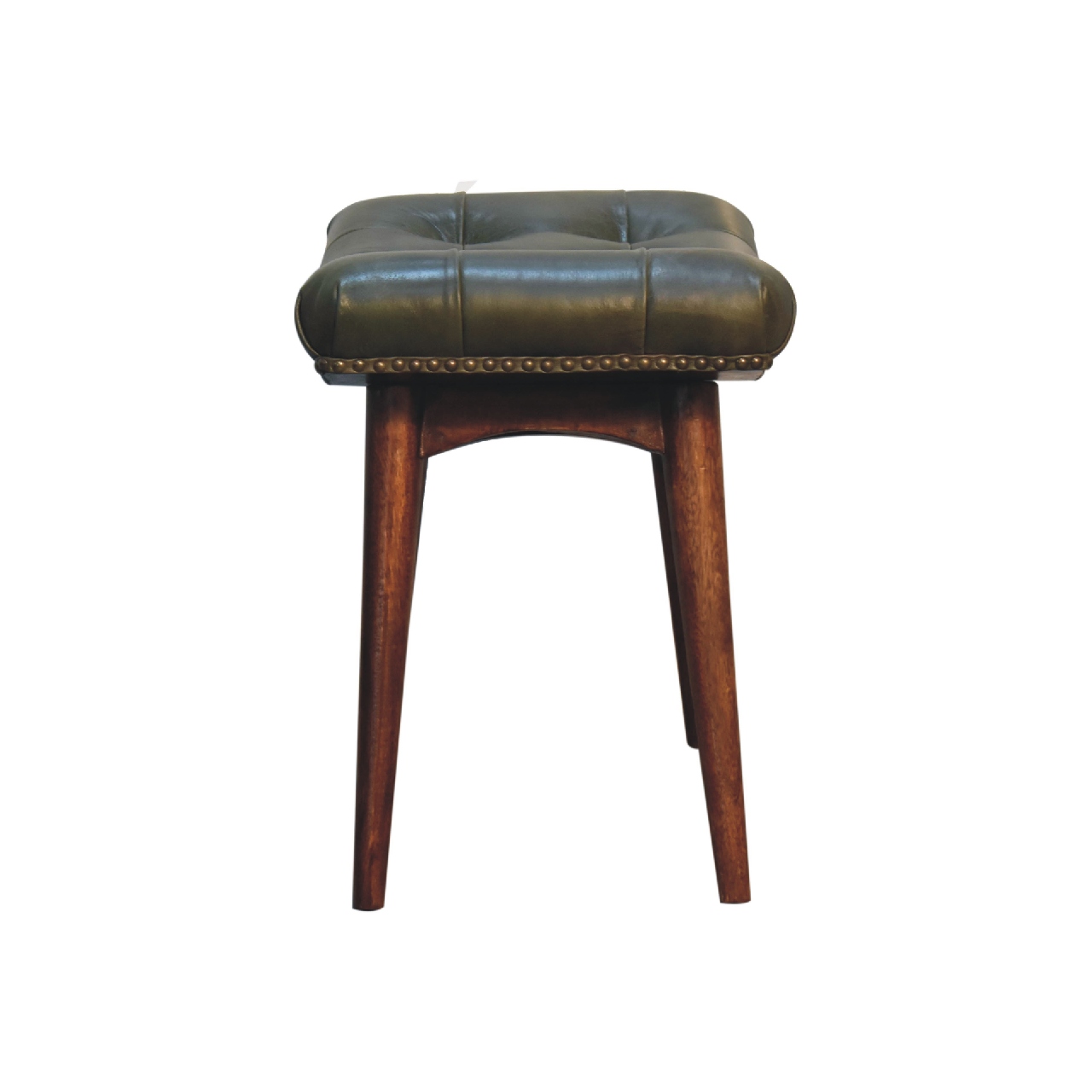 Solid Mango Wood Solid Chestnut Finished Mango Wood Harbour Green Footstool with Studs - Image 9