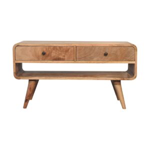 Solid Mango Wood Reverse Curve Oak Finish Media Unit