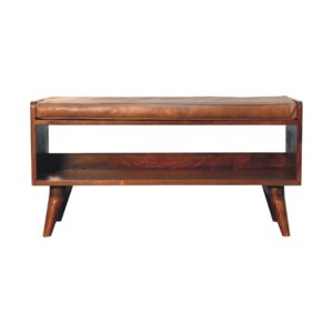Solid Mango Wood Chestnut Finished Bench with Brown Leather Seatpad