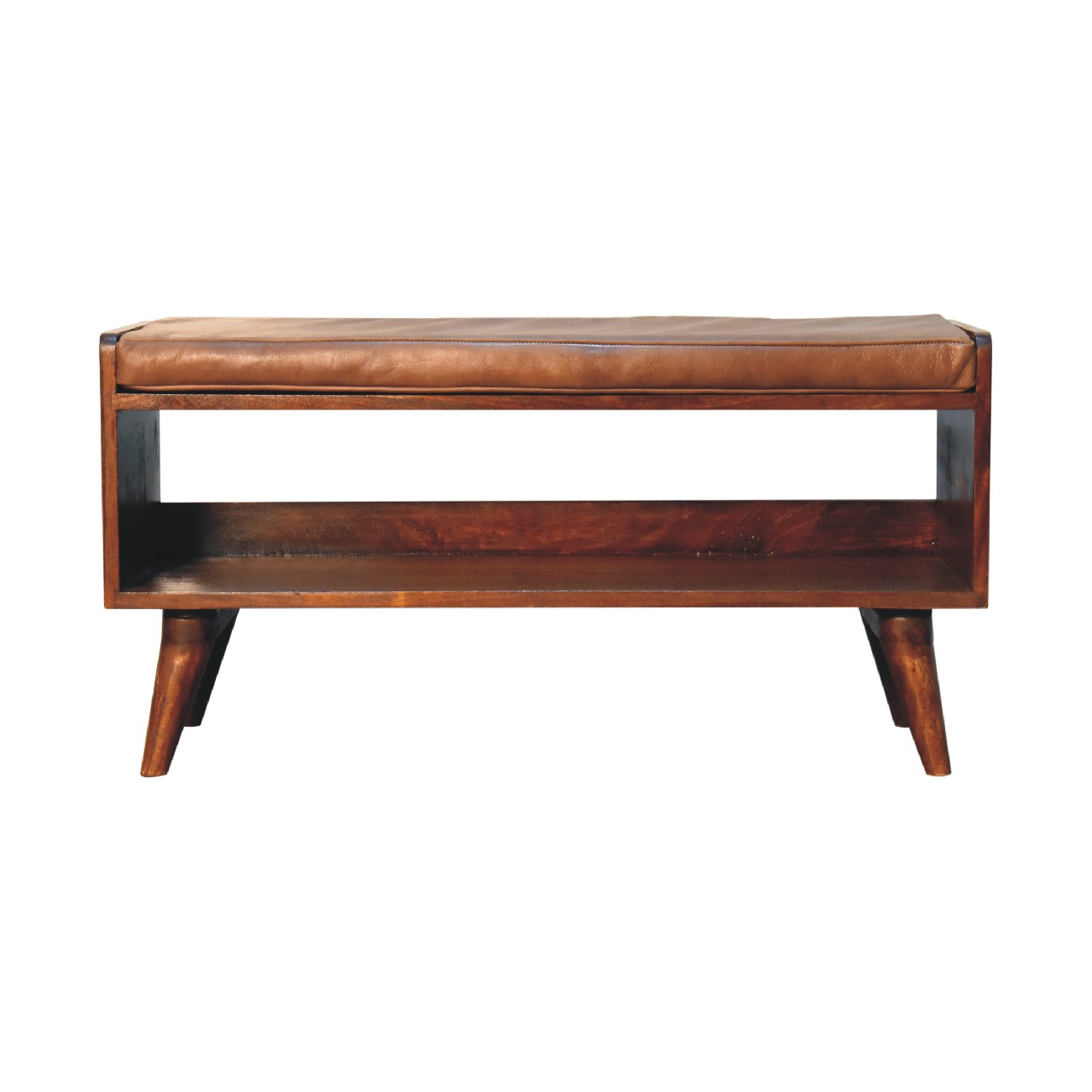 Solid Mango Wood Chestnut Finished Bench with Brown Leather Seatpad