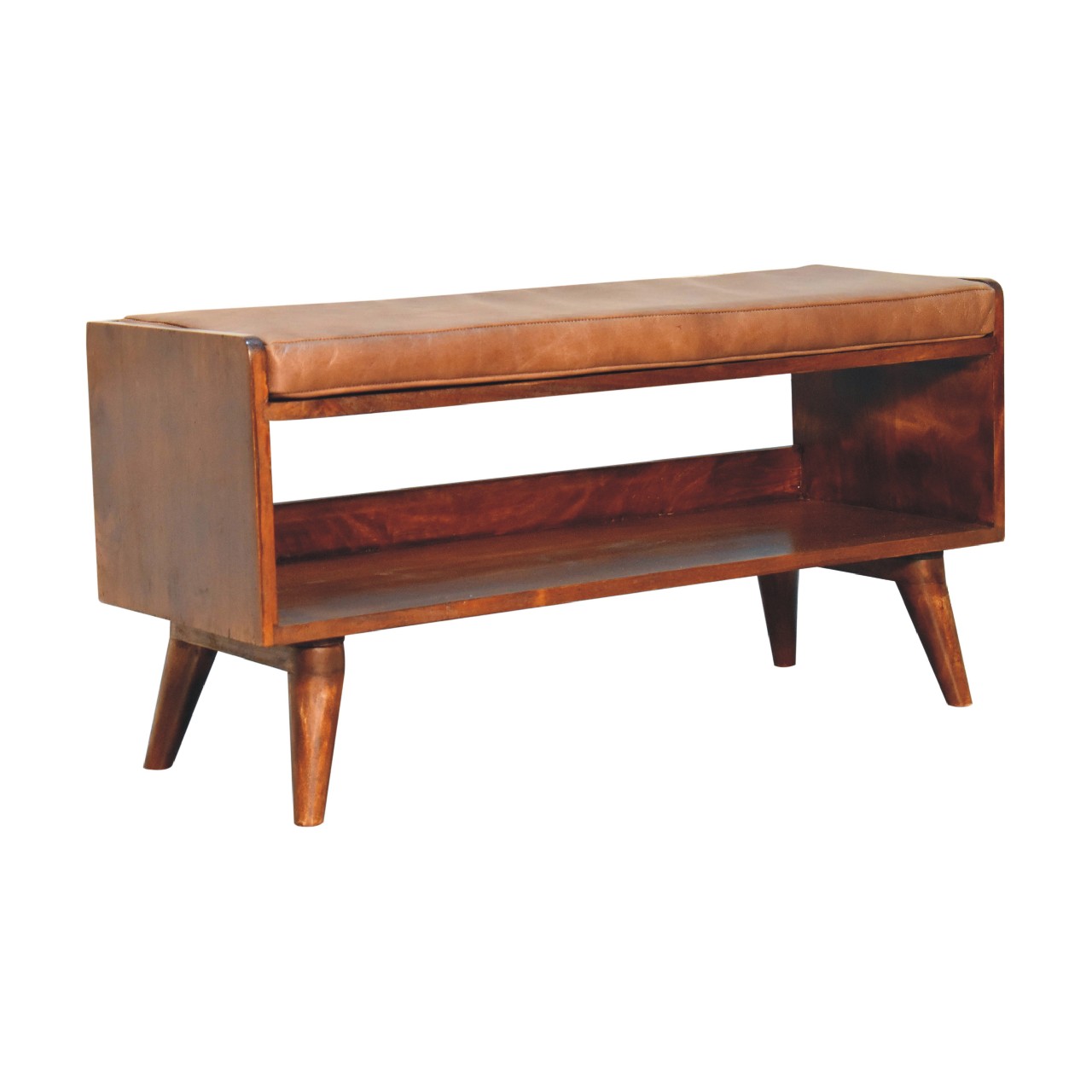 Solid Mango Wood Chestnut Finished Bench with Brown Leather Seatpad - Image 2