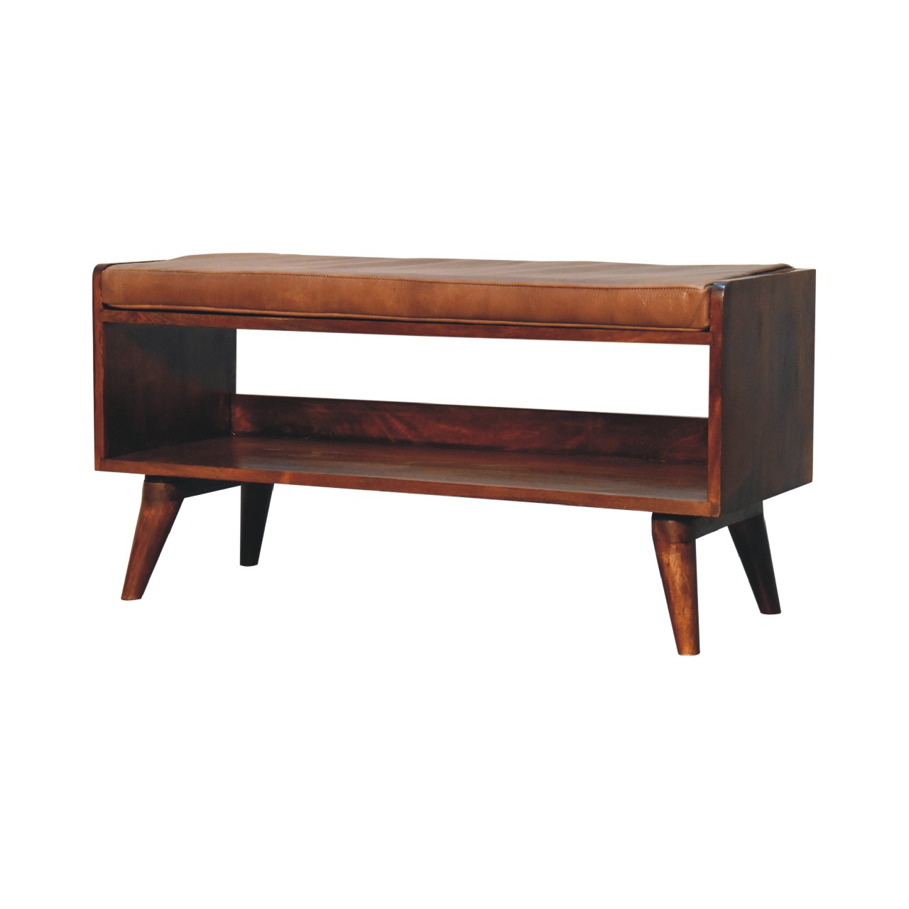 Solid Mango Wood Chestnut Finished Bench with Brown Leather Seatpad - Image 3