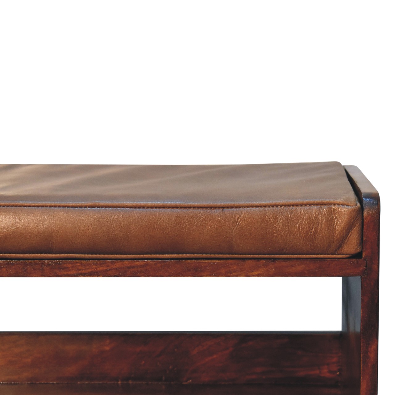 Solid Mango Wood Chestnut Finished Bench with Brown Leather Seatpad - Image 4