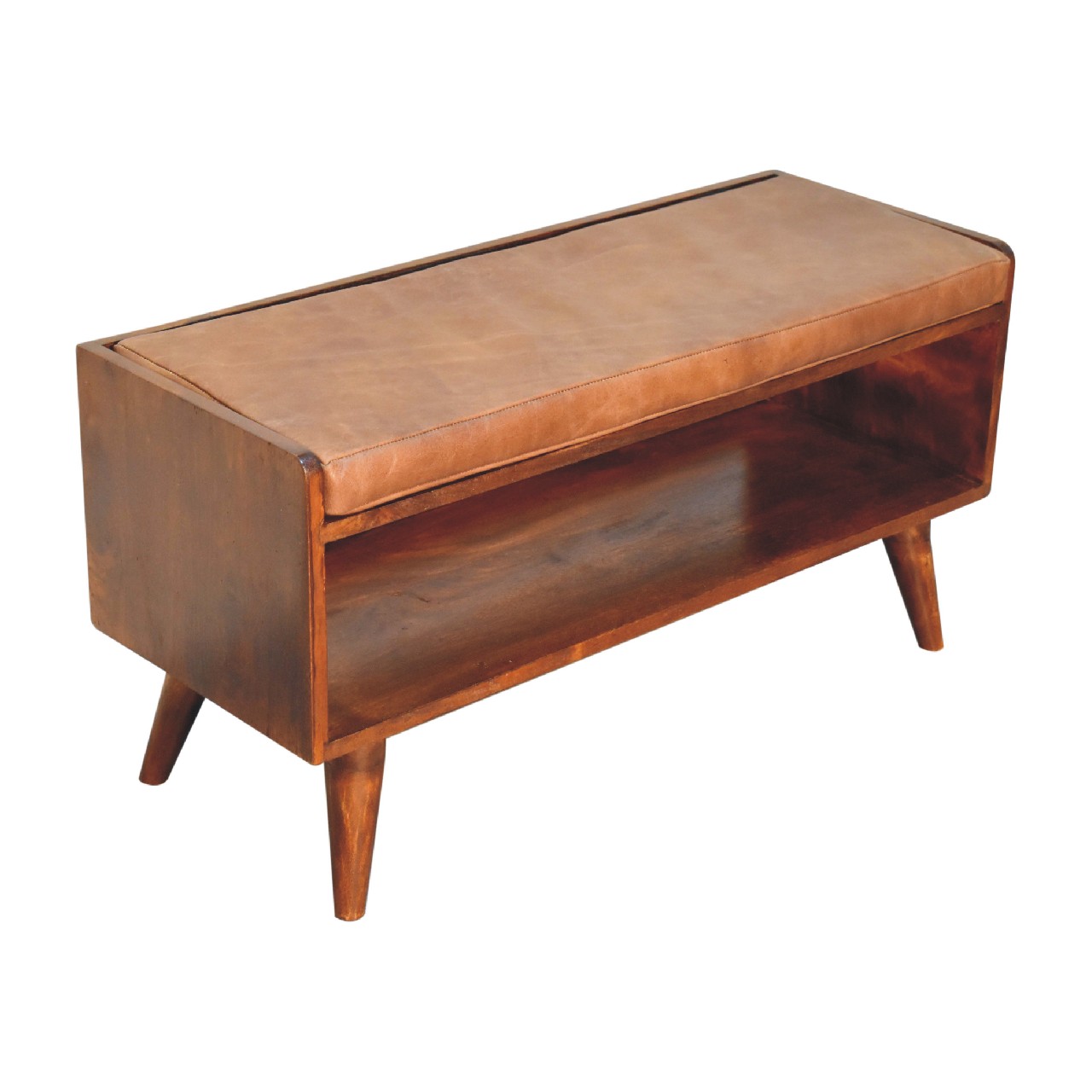 Solid Mango Wood Chestnut Finished Bench with Brown Leather Seatpad - Image 6