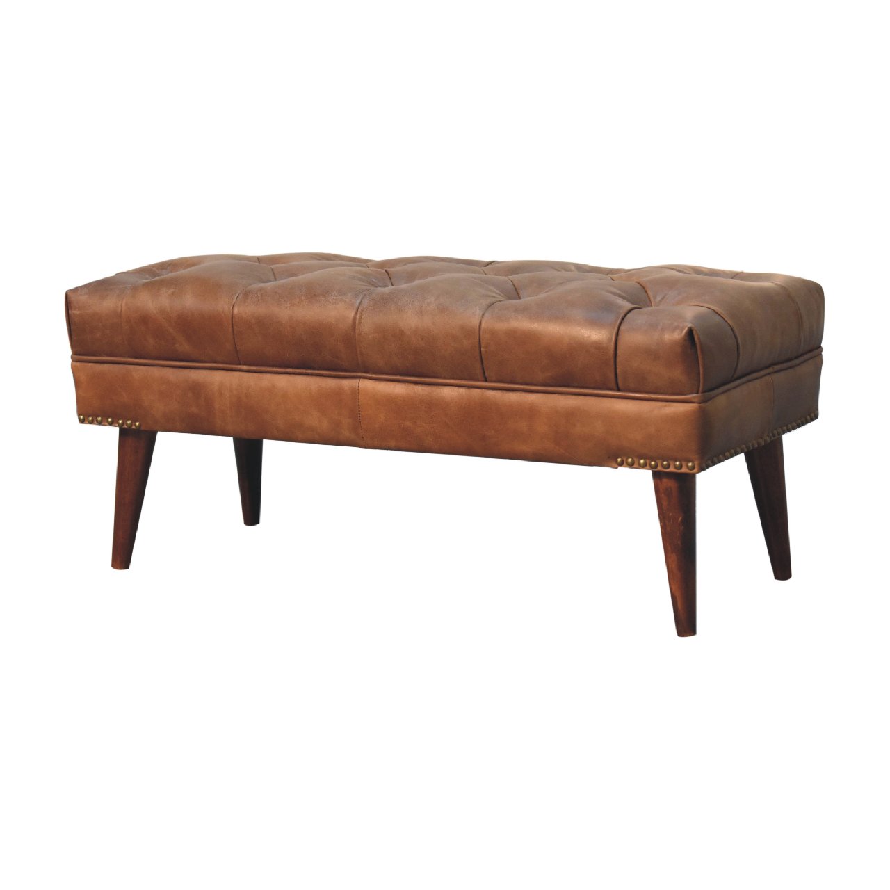 Solid Mango Wood Harbour Brown Leather Bench - Image 2