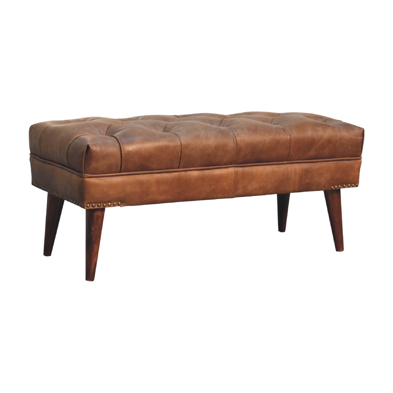 Solid Mango Wood Harbour Brown Leather Bench - Image 3