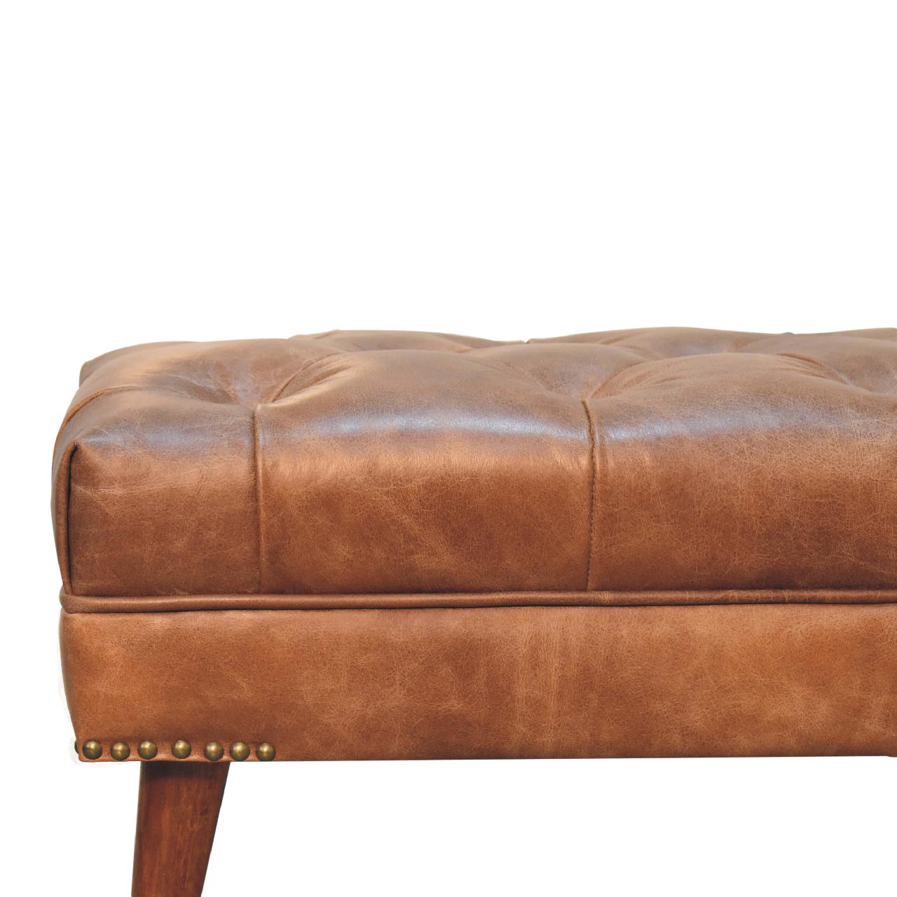 Solid Mango Wood Harbour Brown Leather Bench - Image 4