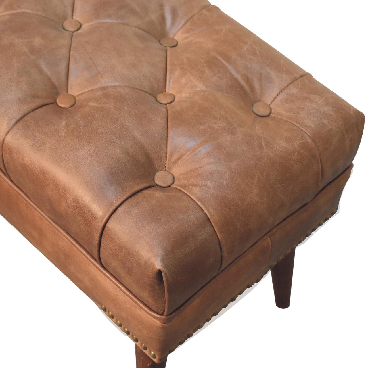 Solid Mango Wood Harbour Brown Leather Bench - Image 5