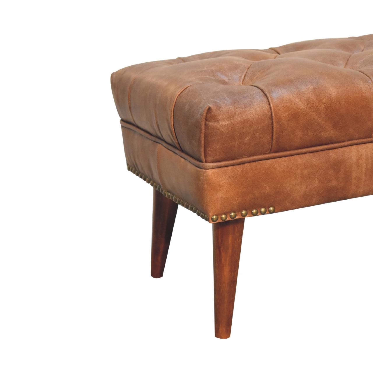Solid Mango Wood Harbour Brown Leather Bench - Image 6